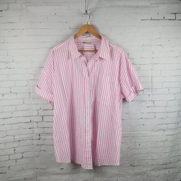 SO PINK & WHITE STRIPE SHORT SLEEVE BUTTON DOWN COTTON TOP SIZE 2X - Picture 1 of 7